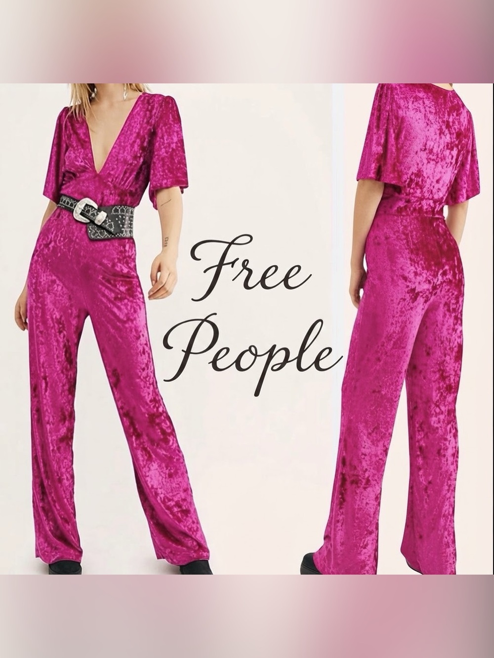Free People Velvet Fuschia Night Fever Jumpsuit Size L Party Night Out
